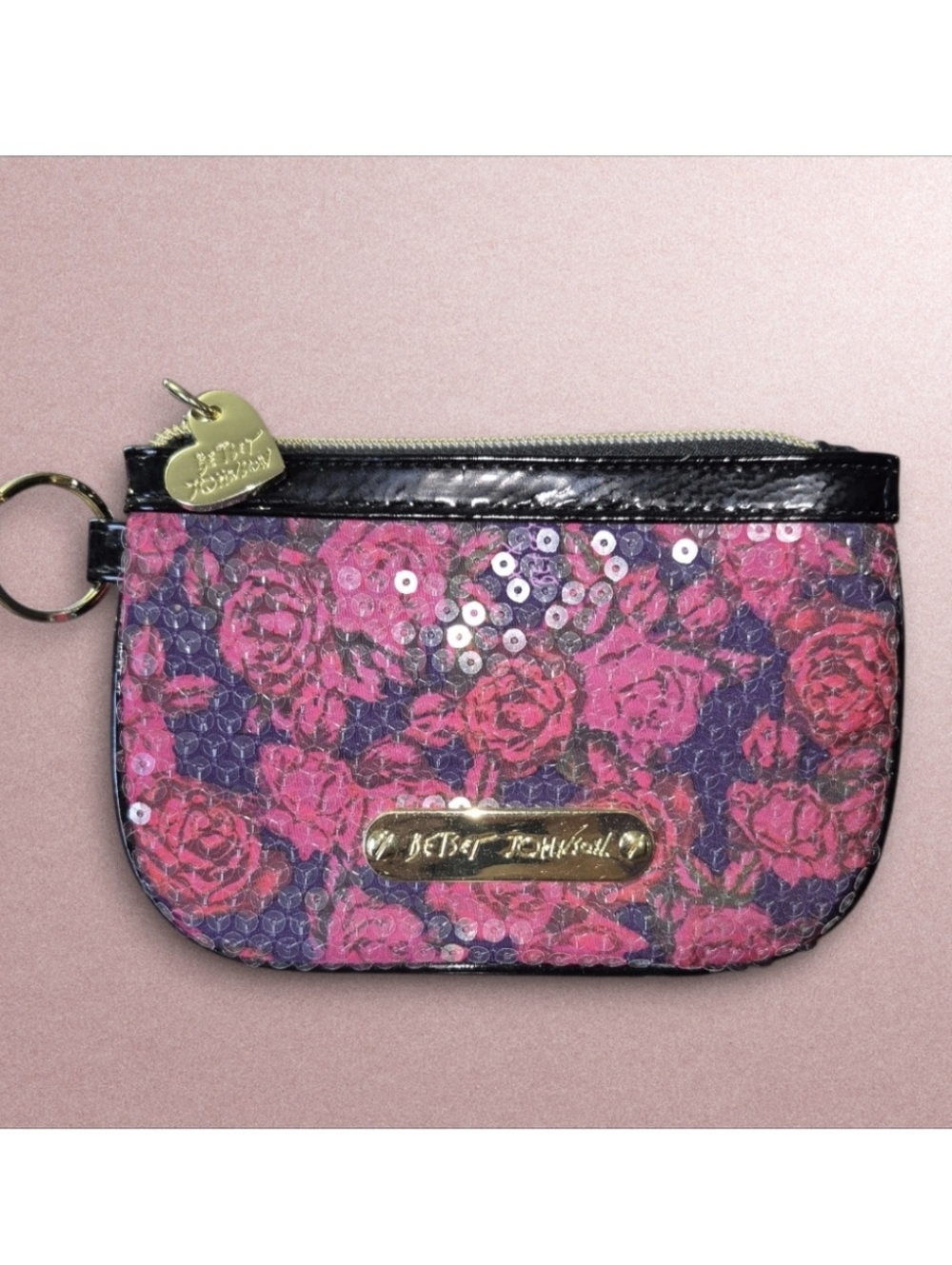 Betsey Johnson Pink and Black Sequin Floral Coin Pouch - Picture 4 of 6